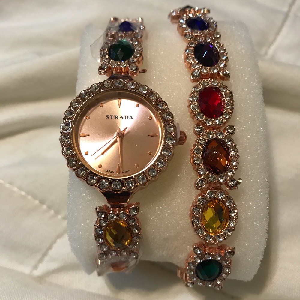 STRADA Multi-Gemstone Watch & Bracelet Set